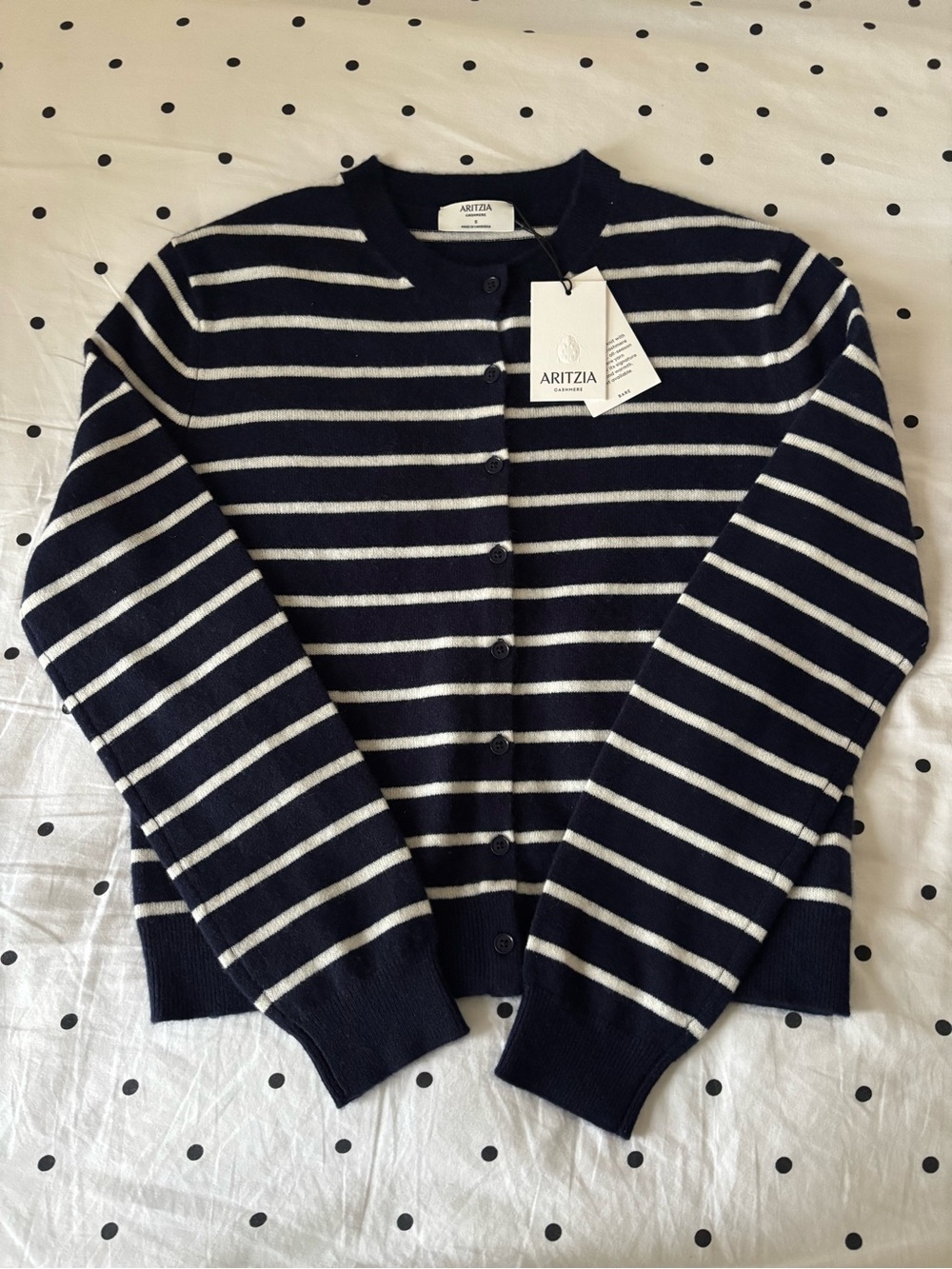 NWT Aritzia Bare 100% Cashmere Noteworthy Cardigan - Admiral Nvy/Lt Birch Size S